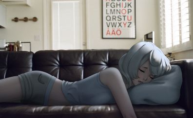 Anime girl sleeping, sofa