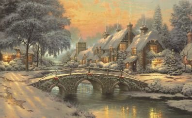Winter, night, bridge, artwork