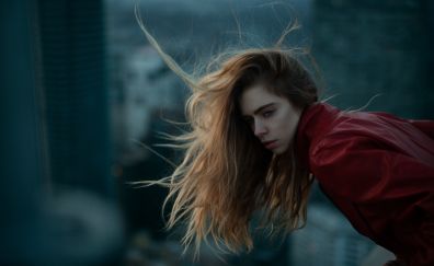 Open hairs, red jacket, girl