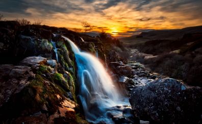 Scotland waterfall, sunset, rocks, nature