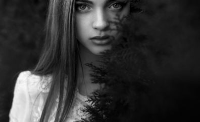 Monochrome, girl, model, face, leaves