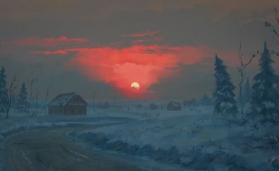 Sunset, landscape, art, winter