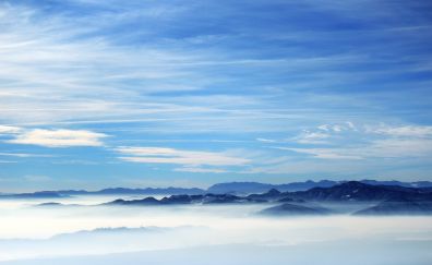Sky, blue mountains, clouds, fog, horizon
