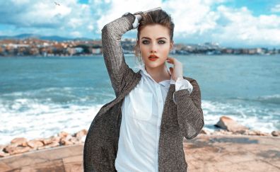 Beautiful model at beach, blonde, outdoor