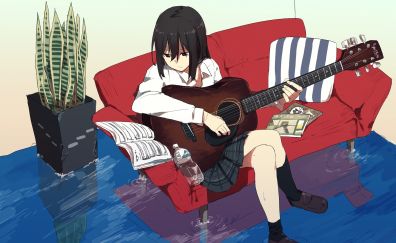 Guitar, play, anime girl, sofa, original