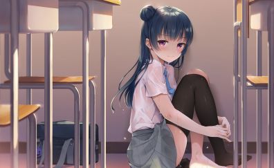 Anime girl in classroom, cute anime, sitting