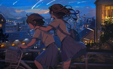 Anime girls, chasing stars, night, bike