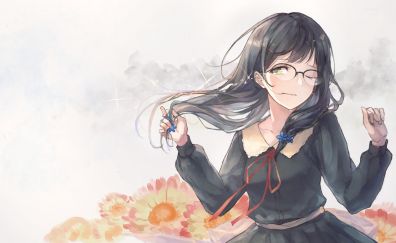 Anime girl in glasses, long hair, wink