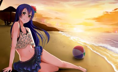 Blue hair anime girl, beach, ball, sunset