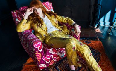 Red head, Florence Welch, sitting, sofa