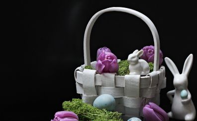Hare, Easter bunny, Easter, spring, eggs, basket, tulilps