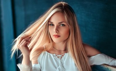 White dress, blonde, girl model, play with hair