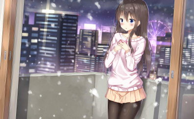 Cute long hair anime girl enjoying snow fall