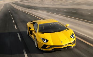 Yellow sports car, Lamborghini Aventador, on road
