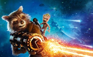 Baby groot and Rocket Raccoon, guardians of the galaxy vol 2, movie, 4k, 8k