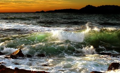 Sea waves, sunset, nature
