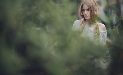 Blonde, model, girl, blur, garden