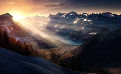 Horizon, sunlight, mountains, valley, nature