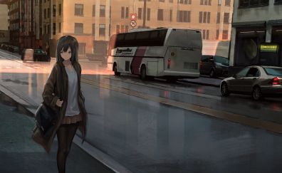Lone walk, street, road, anime girl