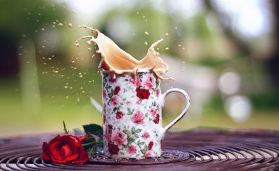Coffee cup, rose, splashes