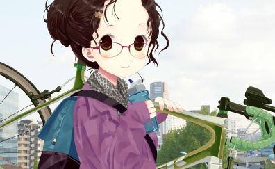 Bicycle, anime girl, cute, short hair, original