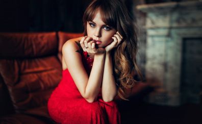Anastasia scheglova, thinking, sitting, sofa