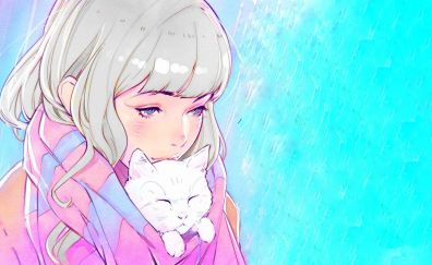 Anime girl, white hair, kitten