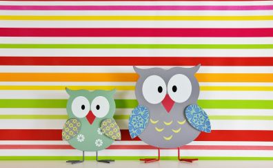 Owls birds, colorful stripe, wood painted, funny