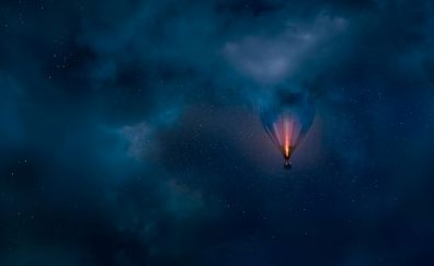 Hot air balloon, clouds, night, clouds, stars