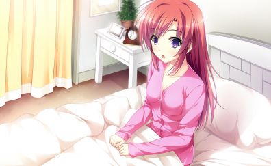 Bed, amazed anime girl, Katakura Saki