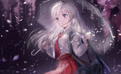 Beautiful, anime girl, enjoying rain, umbrella