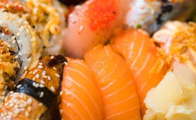 sushi rolls, fish rice, sesame food