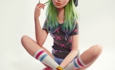 Green hair, urban girl, art