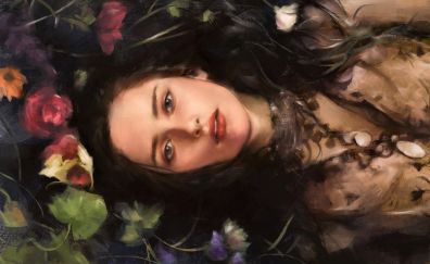 Lying down, woman, art, flowers