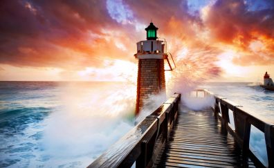 Lighthouse, sunset, beach, wooden bridge