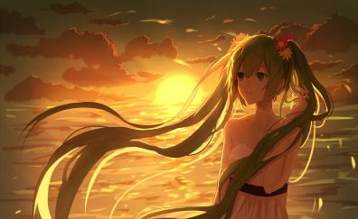 Hatsune Miku, cute anime girl, sunset