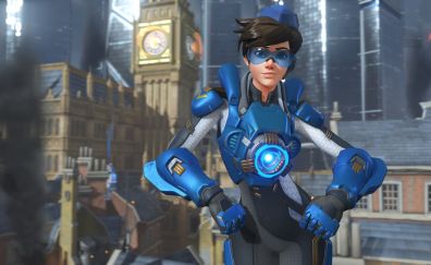 Tracer, blue costume, overwatch, video game
