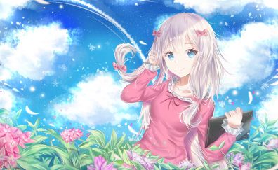 Sagiri, anime girl, white hair, garden