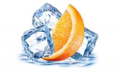 Orange fruit's slice, ice cubes, water