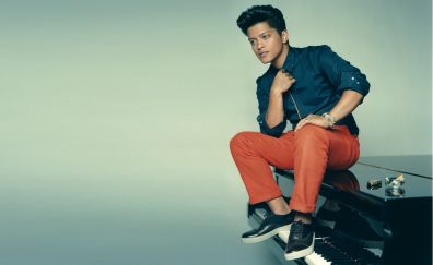 Bruno Mars, sitting on piano, music