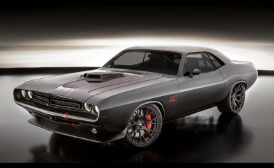 Dodge Challenger, gray muscle car, side view