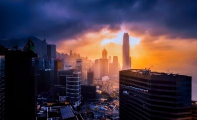 Hong Kong, city, sunset, skyline, buildings