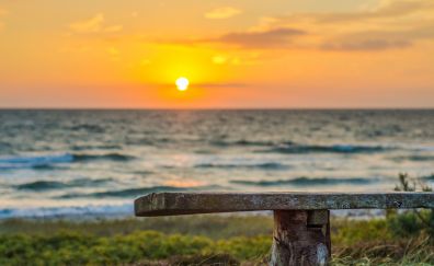 Sun, sunset, beach, bench, nature, sea