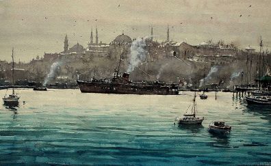 Istanbul city, boat, sea, art