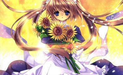 Sunflowers, anime girl, blonde, white dress, original