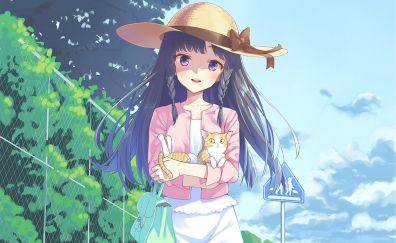 Cute anime girl with kitten, long hair, hat