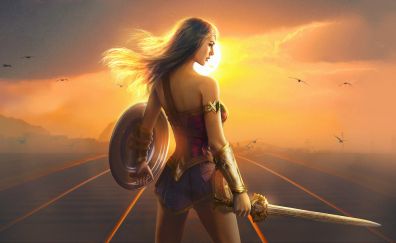 Wonder woman, art, superhero, sword, sunset