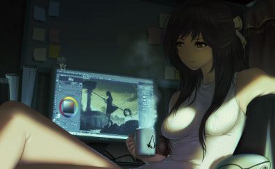 Anime girl, designing photos, coffee cup