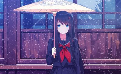 Blue eyes anime girl, umbrella, winter