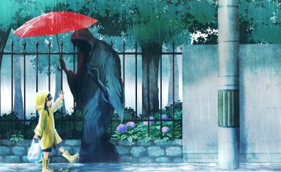 Ghost, kid, rain, reaper, umbrella, art